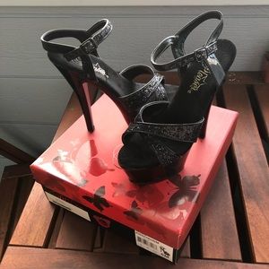 Pleaser Black glitter Strappy Stillettos